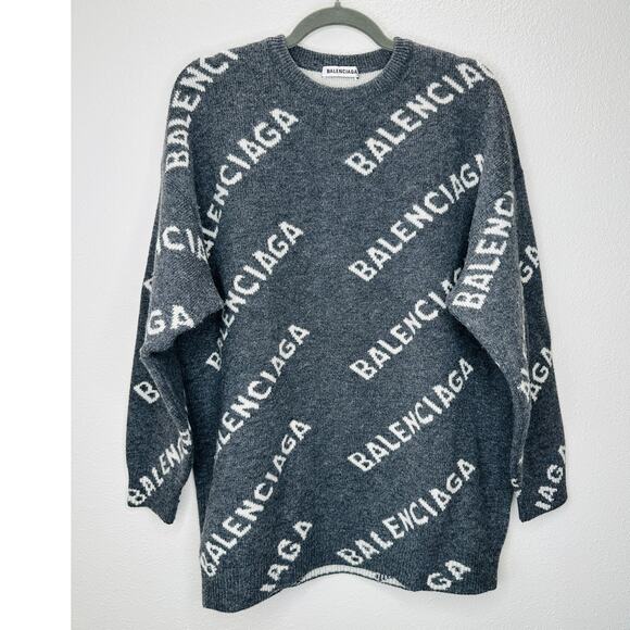 Balenciaga Dark Gray Long Sleeve White Logo'd Crew Neck Sweater L - Picture 5 of 15